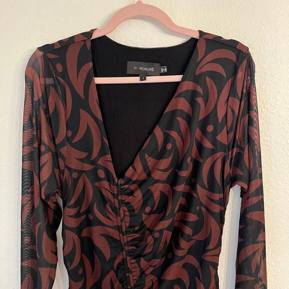 11 Honoré Ruched Midi Dress 1X Mesh Abstract Zebra Animal Print Wedding Cocktail - Picture 3 of 12